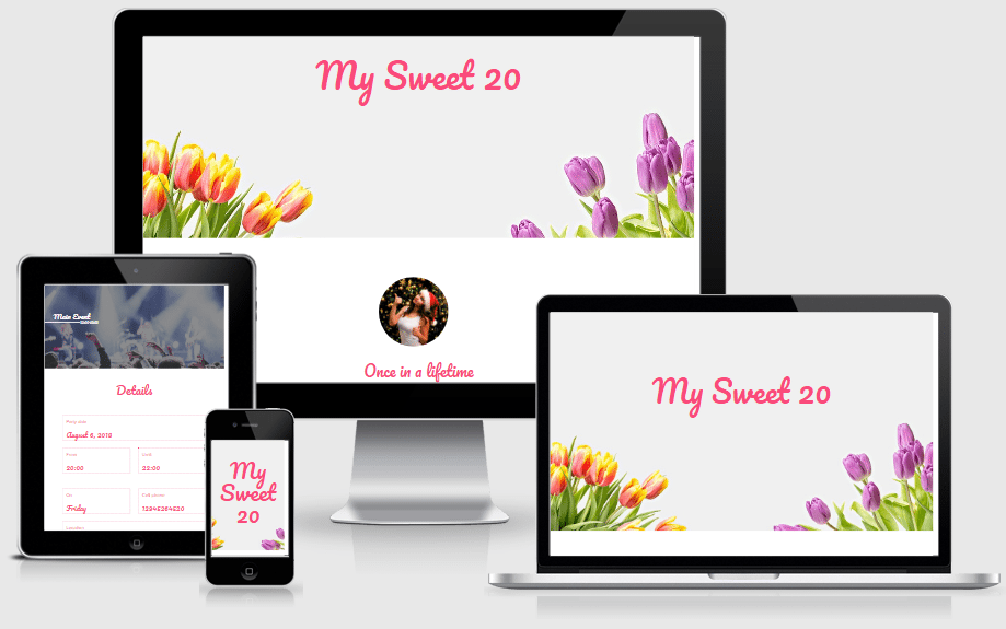 Create a personalized website for a birthday in minutes with this gorgeous one page Divi layout.