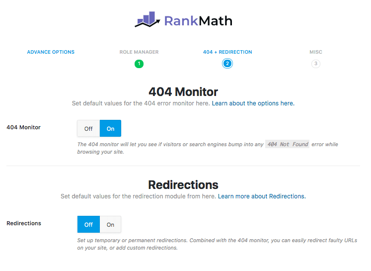 Rank Math SEO 404 Monitor and Redirections