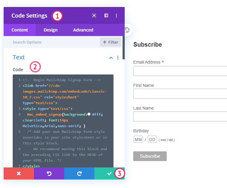 MailChimp code in Divi Code Module