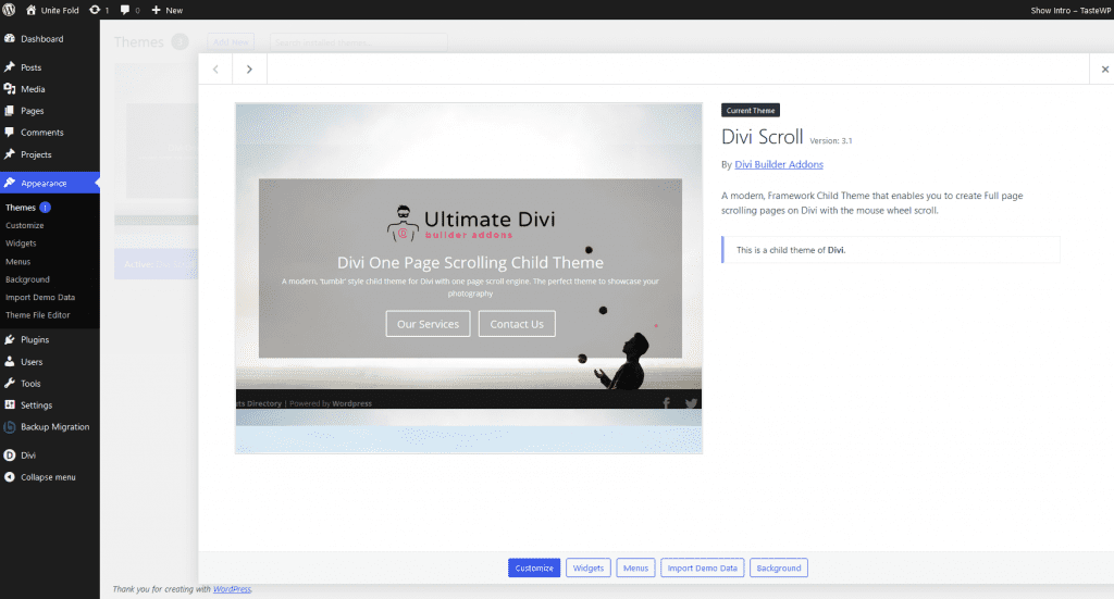 Import Divi Scroll child theme demo data