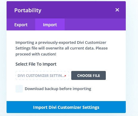 Divi customizer import window