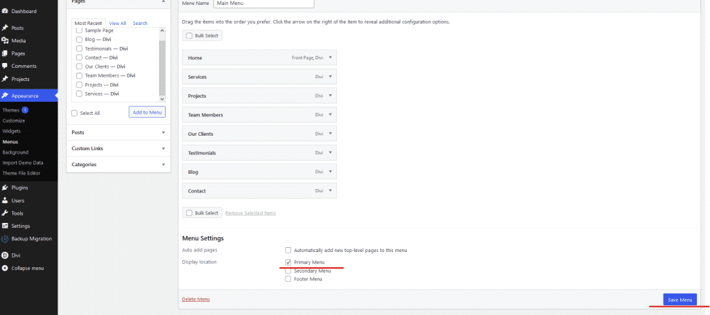 Setting WordPress Primary menu